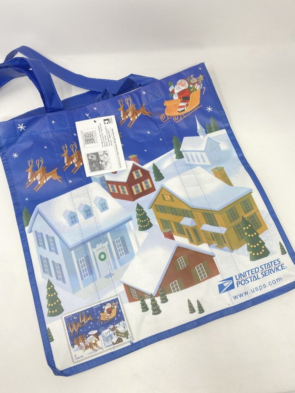 USPS Novelty Holiday Reusable Shopping Tote Bag 2012 Santa And Sleigh Stamps